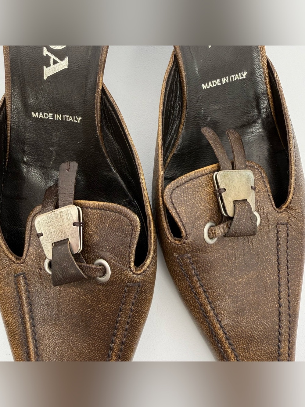 Vintage Prada Bronze Brown Leather Kitten Heel Mule Slides Sz 35.5 Made in Italy - Picture 12 of 17
